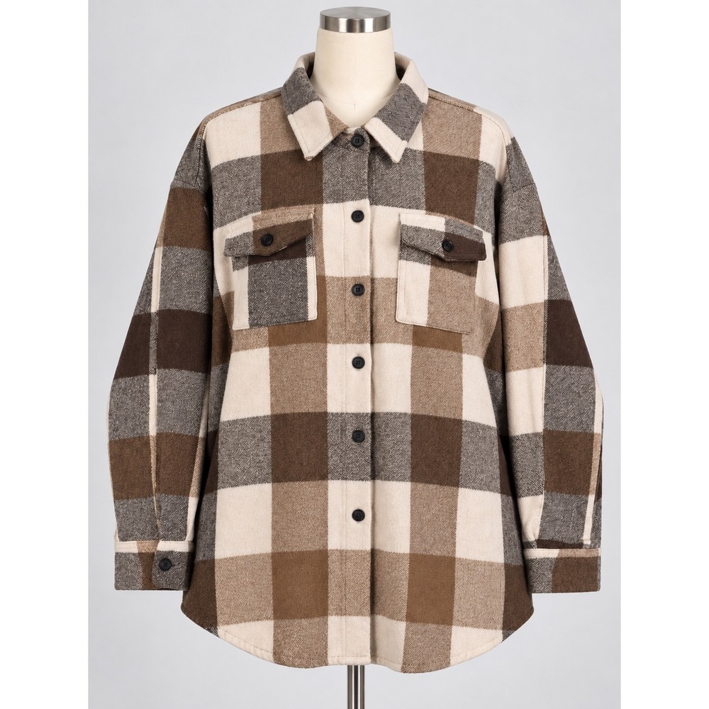 Womens XL Brown Cream Plaid Flannel Shacket Oversized Button Down Shirt